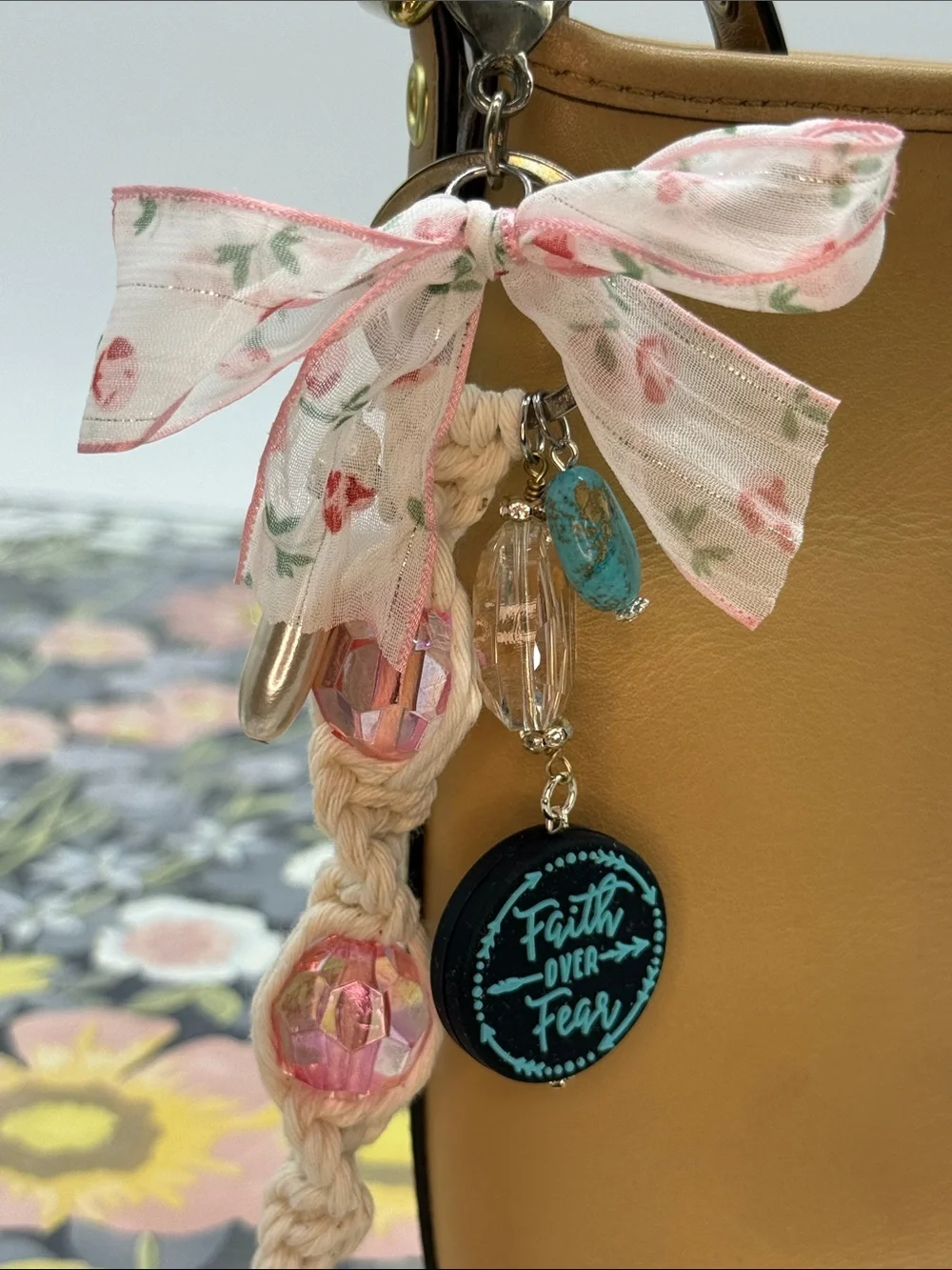 👑Adorned Crown Jewelry purse bag charm keychain Faith over Fear macrame bow